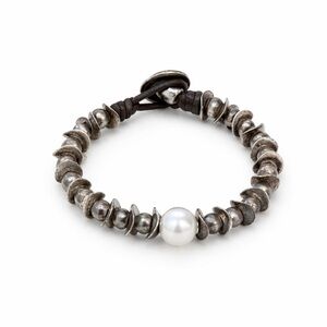 UNOde50 Silver Plated & Brown Leather Pearl Bracelet - Handcrafted in Spain